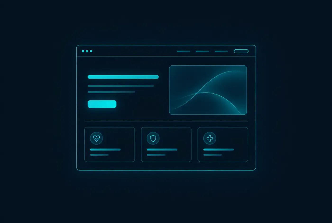 Abstract wireframe of a clinic website drawn in fine glowing teal lines