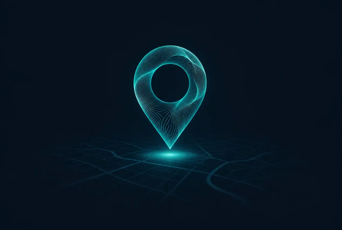 Abstract location pin drawn in fine teal contour lines hovering above a dark map grid