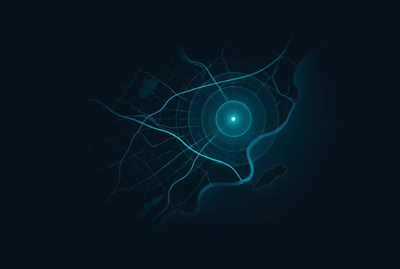 Abstract map drawn in fine teal lines with glowing proximity rings radiating from a single point